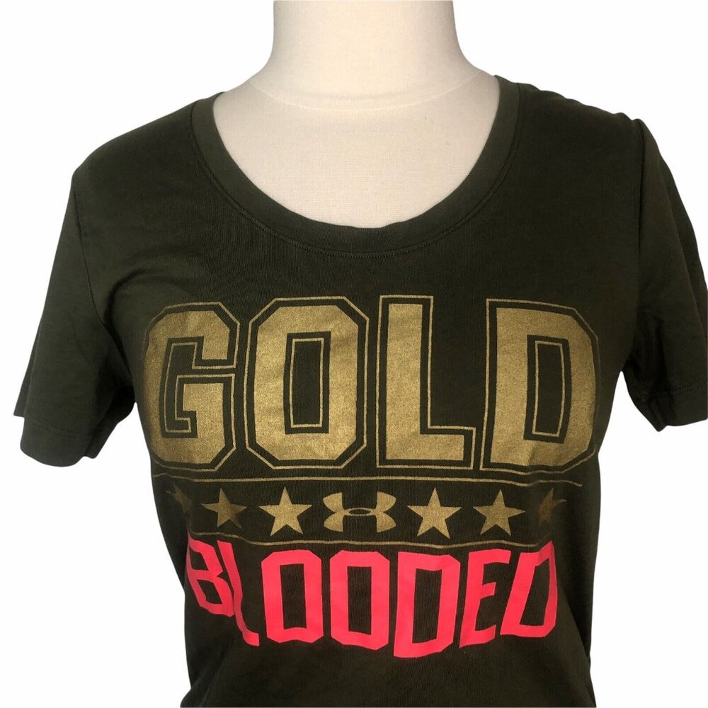 Under Armour Womans Tshirt Semi Fitted Heat Gear Gold Blooded Green Size Medium - Picture 3 of 6